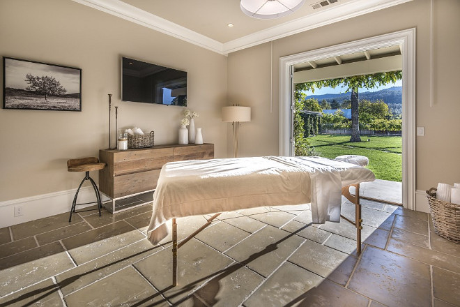 Massage Room Flooring. Massge room with Limestone Floor tiles opening to outdoor area. #MassageRoom #Flooring