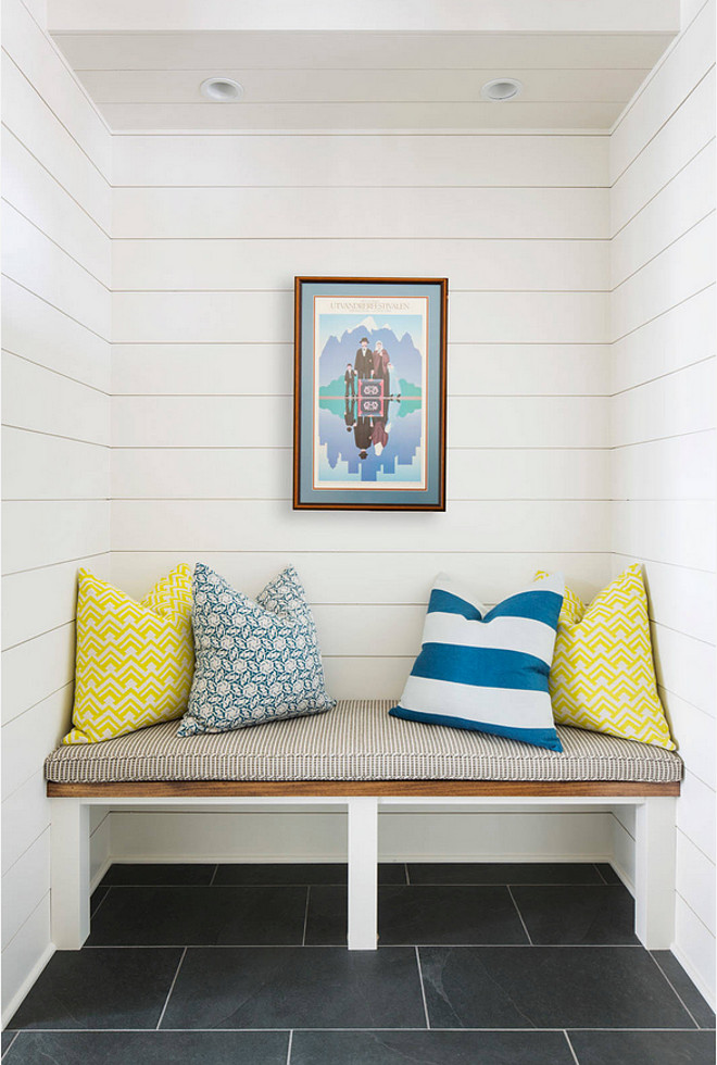 Mudroom Paint Color and Flooring. Mudroom paint color is Benjamin Moore Dune White 968. Mudroom flooring is The Tile Shop Burma Negro 12" x 24" in Brick Pattern. #BenjaminMooreDuneWhite Martha O'Hara Interiors.