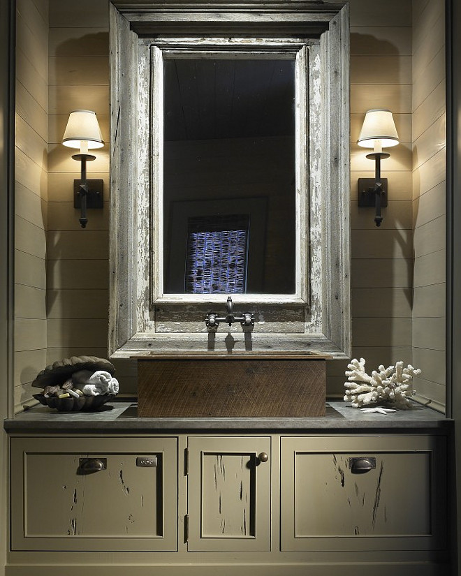 Rustic Bathroom with shiplap walls and custom gray vanity. #Bathroom #Rustic #Interiors #Shiplap #Walls Hickman Design Associates.