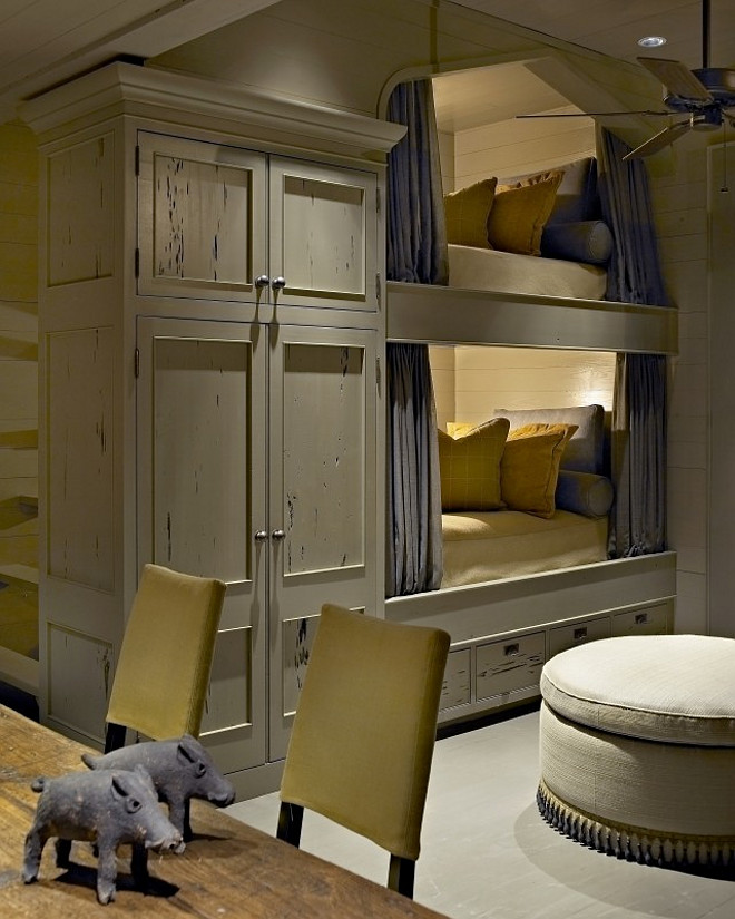 Rustic Bunk Room with Shiplap Walls and Custom Bunk Beds. Hickman Design Associates.