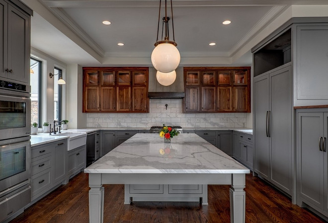 Two Toned Gray Kitchen. Two Toned Gray Kitchen Paint Color. Two Toned Gray Kitchen with stained upper cabinets. Two Toned Gray Kitchen Two Toned Gray Kitchen #TwoTonedKitchen #GrayKitchen #TwoTonedGrayKitchen Allard Ward Architects.