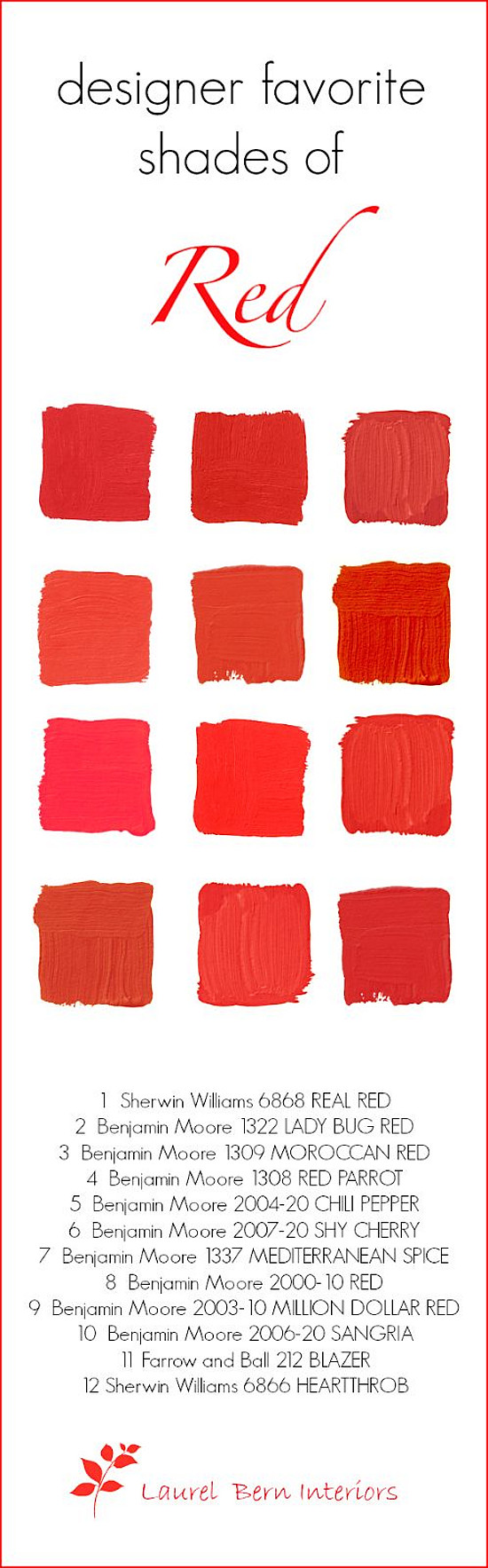 Red Door Paint Color Ideas: Sherwin Williams SW6868 Real Red. Benjamin Moore 1322 Ladybug Red. Benjamin Moore 1309 Moroccan Red. Benjamin Moore 1308 Red Parrot. Benjamin Moore 2024-20 Chilli Pepper. Benjamin Moore 2007-20 Shy Cherry. Benjamin Moore 1337 Mediterranean Spice. Benjamin Moore 2000-10 Red. Benjamin Moore 2006-20 Sangria. Farrow and Ball 212 Blazer. Sherwin Williams SW6866 Heartthrob. Laurel Bern Interiors.