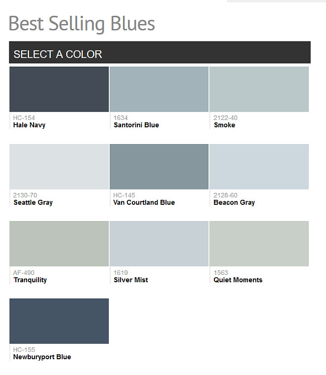 Benjamin Moore Blue Paint Colors. Benjamin Moore Hale Navy. Benjamin Moore Santorini Blue. Benjamin Moore Smoke. Benjamin Moore Seattle Gray. Benjamin Moore Van Courtland Blue. Benjamin Moore Beacon Gray. Benjamin Moore Tranquility. Benjamin Moore Silver Mist. Benjamin Moore Quiet Moments. Benjamin Moore Newburyport Blue. #BluePaintcolor #BenjaminMoore 