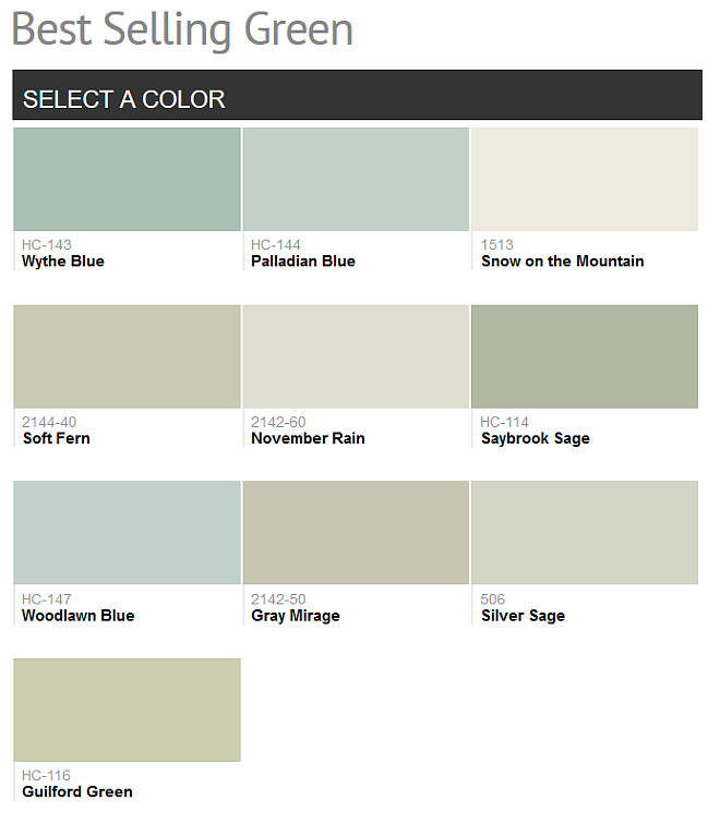 Green Benjamin Moore Paint Colors. Best Selling Green Benjamin Moore Paint Colors. Benjamin Moore Wythe Blue. Benjamin Moore Palladian Blue. Benjamin Moore Snow on the Mountain. Benjamin Moore Soft Fern. Benjamin Moore November Rain. Benjamin Moore Saubrook Sage. Benjamin Moore Woodlaw Blue. Benjamin Moore Gray Mirage. Benjamin Moore Silver Sage. Benjamin Moore Guilford Green. #Green #PaintColor #BenjaminMoore #PopularGreenPaintColors