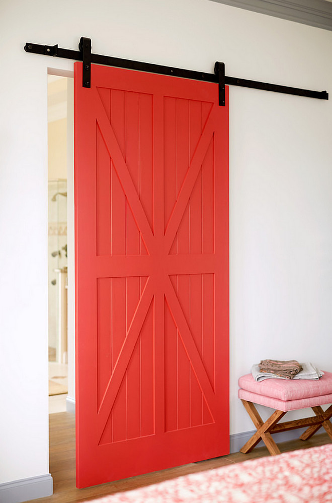 Red barn door paint color. Red barn door paint color is Benjamin Moore Red Parrot 1308. Red door paint color Benjamin Moore Red Parrot 1308 #BenjaminMooreRedParrot1308 #RedDoorPaintColor #Reddoor Andrew Howard Interior Design.