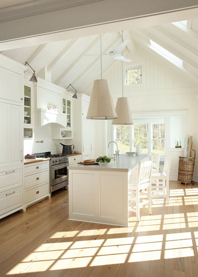 Cathedral Ceiling Kitchen. Kitchen Cathedral Ceiling. Coastal white kitchen with cathedral ceiling. #Kitchen #CathedralCeiling #KitchenCathedralCeiling #Cathedralceilingkitchen Lisa Tharp Design.