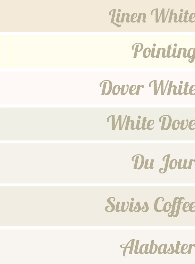 Popular White Paint Color. White Paint Color. Linen White Benjamin Moore 912. Farrow and Ball Pointing. Sherwin Williams Dover White. Benjamin Moore White Dove OC-17. Valspar Du Jour. Benjamin Moore Swiss Coffee OC-45. Benjamin Moore Alabaster OC-129. #LinenWhiteBenjaminMoore #FarrowandBallPointing #SherwinWilliamsDoverWhite #BenjaminMooreWhiteDoveOC17 #ValsparDuJour #BenjaminMooreSwissCoffeeOC45 #BenjaminMooreAlabasterOC129 #PaintColor #White #WhitePaintColor Via Hunted Interior.