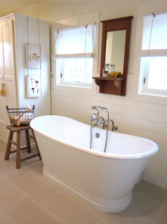 Bathroom Plank Walls. The walls are planked in painted v-groove. I love mixing it up and running them horizontally. They provide a lot of texture for a relatively small investment. #Bathroom #PlankWalls