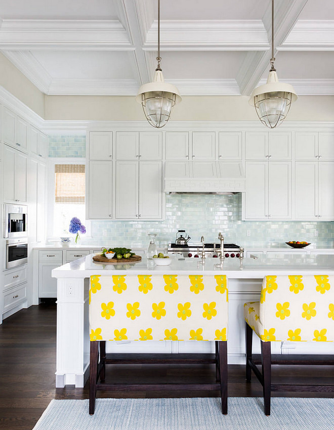 White kitchen with light blue tile backsplash. Light blue tile backsplash is available thru Hollingsworth Showroom in Jacksonville. Company is Madison Tile Company. Color is Ocean Breeze. #Lightbluetilebacksplash Andrew Howard Interior Design.