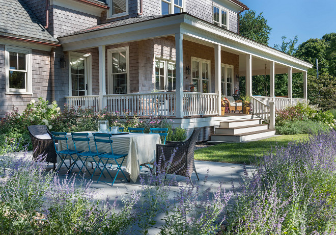 Shingle Home Landscaping. Shingle Home Landscaping Ideas. Shingle Home with Porch Landscaping. Choose Lavender and Hydrangeas for Shingle Home Landscaping. #ShingleHomeLandscaping. #ShingleHome #Landscaping #Gardens #Plants Taste Design Inc.