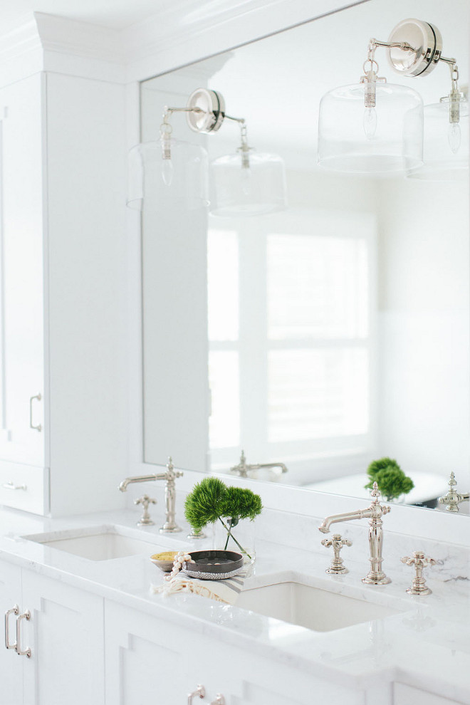 Double Sink. Bathroom Double Sink . Bathroom Double Sink with Marble Countertop. Double Sink. White cabinet with Double Sink Bathroom. Bathroom Double Sink. #BathroomDoubleSink #DoubleSink Kate Marker Interiors.