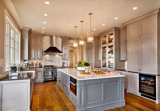 Gray Kitchen Paint Color. Gray Kitchen Cabinet Paint Color is Benjamin Moore Escarpment CC-518. Gray Kitchen Island Paint Color is Benjamin Moore Kendall Charcoal HC-166. #Gray #Kitchen #PaintColor #GrayKitchenCabinet #GrayKitchenIsland #BenjaminMooreKendallCharcoal #BenjaminMooreHC166 #BenjaminMooreEscarpment #BenjaminMooreCC518