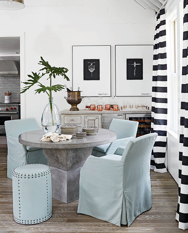 Dining Room. Creating a dining room in an open space. A corner in the open living room becomes the new dining room. The dining room walls are painted White Dove by Benjamin Moore. The seating is by Lee Industries. #Openspace #openfloorplan #opendiningroom