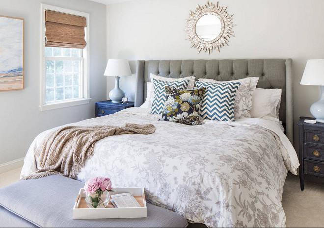 Master Bedroom. I simply love everything about this master bedroom, from its paint color to its decor. Impressive! Bedding: the duvet and shams are from Ballard Designs. Bed is from One Kings Lane. Paint color is "Stonington Gray HC-170 by Benjamin Moore". #MasterBedroom #Bedroom #Bedding #paintcolor #BenjaminMoorePaintcolor #BenjaminMoorStoningtonGray 