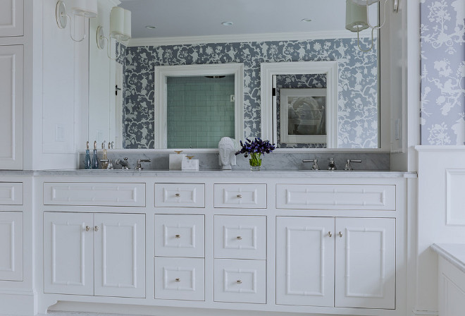 Bathroom cabinet design. What a great bathroom! The designer found the bamboo moulding and applied them inset to the custom cabinetry. Isn't this an inspiring idea?