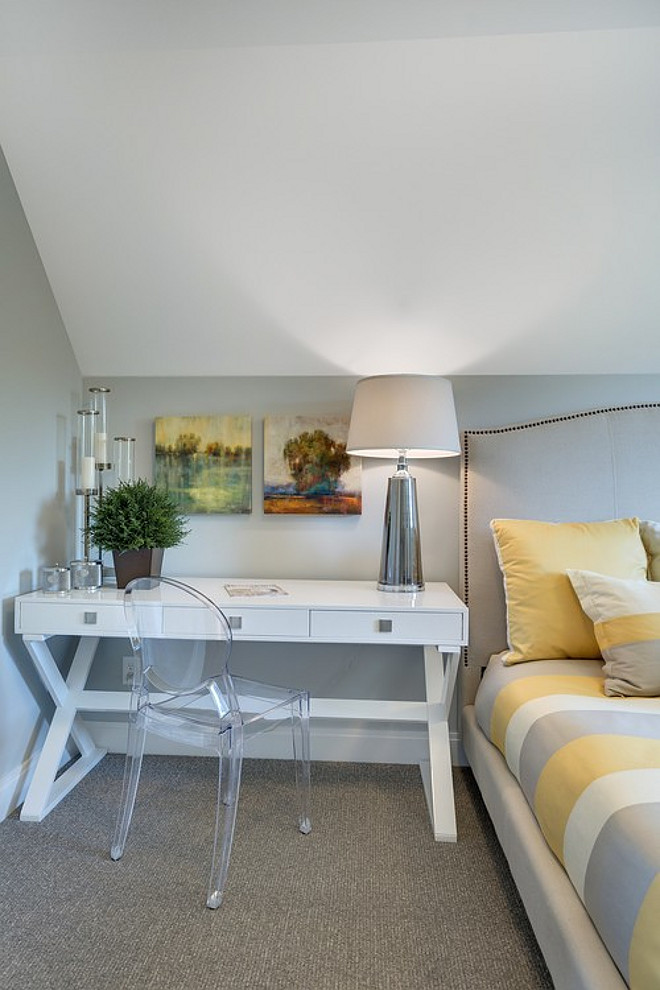 Bedroom Desk. Decorating a desk in bedroom by bed. #Desk #Bedroom #Decor Spacecrafting Photography. Carl M. Hansen Companies.