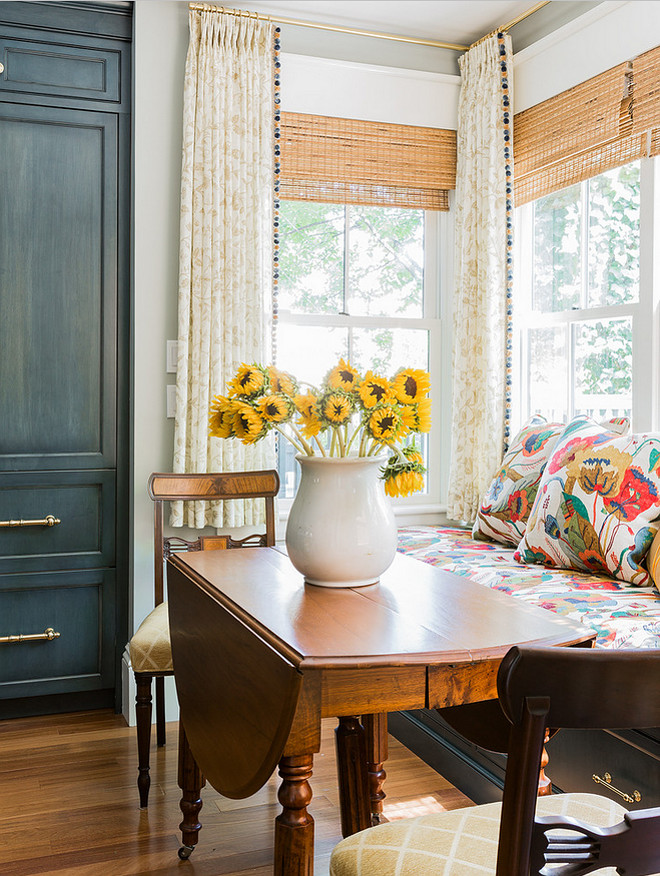 Breakfast Nook Window Treatment. Breakfast Nook Window Treatment Ideas. Drapery fabric by Kathryn Ireland. Trim is Lee Jofa. #BreakfastNook #WindowTreatment K.Marshall Design Inc.