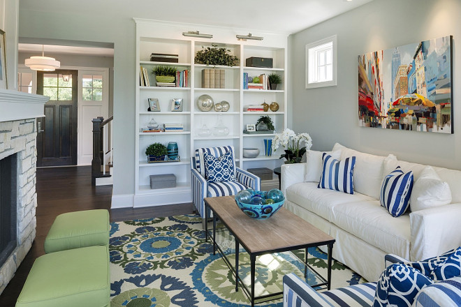 Colorful Living Room Blue white green living room. #ColorfulInteriors #Colors #ColorfulLivingRoom #bluewhitegreen Spacecrafting Photography. Carl M. Hansen Companies.