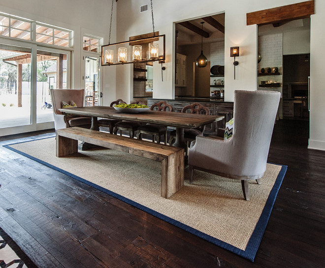 Farmhouse Dining Room. Rustic chic Farmhouse Dining Room. Farmhouse Dining Room with Farmhouse Table and Bench. #FarmhouseDiningRoom #Farmhouse #DiningRoom Geschke Group Architecture.