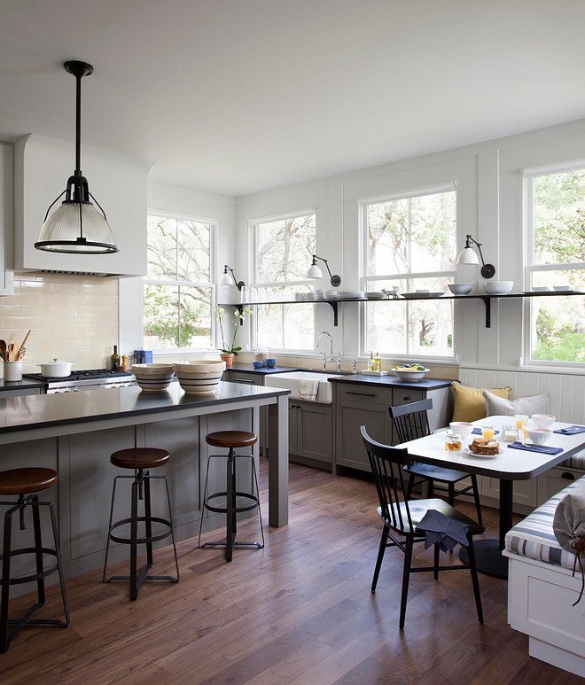 Gray Farmhouse Kitchen paint is Benjamin Moore Dolphin AF-175 #BenjaminMooreDolphinAF175 #GrayFarmhousekitchen Tim Cuppett Architects.