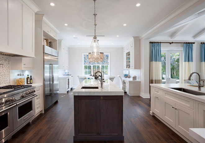 Kitchen Layout. Kitchen opening to breakfast nook and with bar cabinet and desk. Kitchen Layout #KitchenLayout Casatopia, LLC - Ibi Designs