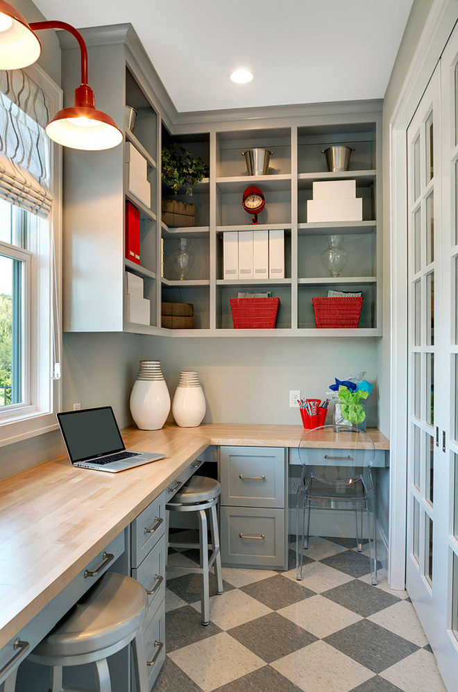 Kitchen Pantry. Kitchen pantry with lots of storage, bookcases, built-in desk and checkered floor tile. #KitchenPantry #pantry #storage #bookcases #Shelves #builtindesk #checkeredfloortile.