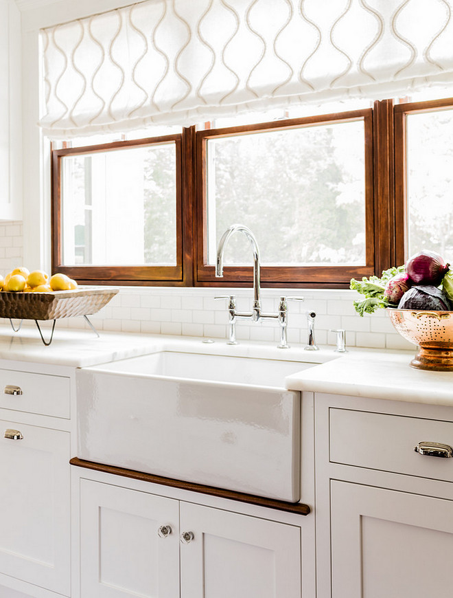 Kitchen window shades. Shades above Kitchen Sink Window. Kitchen window treatment ideas. Kitchen window shade fabric. Kitchen window neutral shade fabric