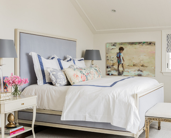 Master Bedroom. Master Bedroom Decor. Bed is Candler Bed by Hickory Chair. Master bedroom rug is Sark Carpet Kubra, Bed is Hickory Chair and fabric on windows is Schumacher. Wall paint color is "Farrow and Ball Strong White". #MasterBedroom