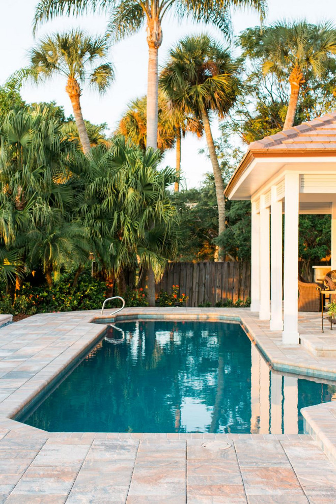 Pool Reno. Updated, a 1990s style hot tub was removed from the existing pool. It now resembles a calming reflecting pond set into the pavers on the back patio. #PoolReno