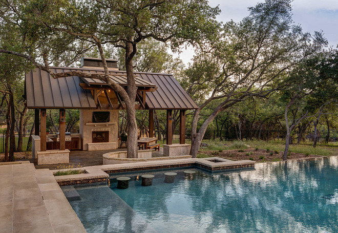 Ranch home backyard with pool and outdoor kitchen covered patio with metal roof. Geschke Group Architecture.