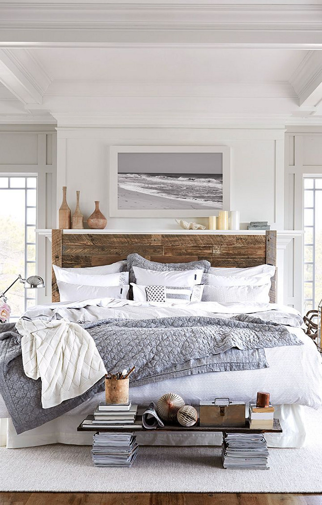 Reclaimed Wood Bed. Seaside bedroom with reclaimed wood bed. Coastal bedroom with Reclaimed Wood Bed. #ReclaimedWoodBed Via Decoholic.