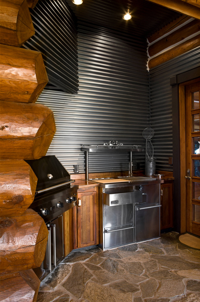 Rustic Outdoor Kitchen. Rustic Outdoor Kitchen in Log Home. Log Home Rustic Outdoor Kitchen. Rustic Industrial Outdoor Kitchen #Rustic #OutdoorKitchen Rocky Mountain Log Homes.