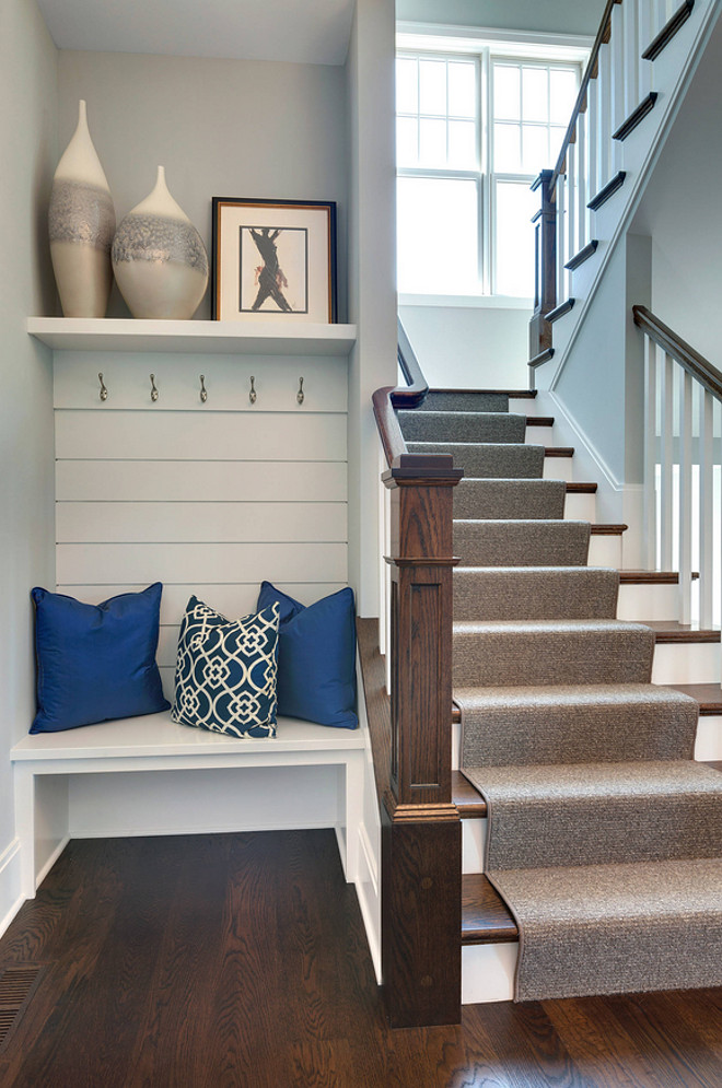 Small Foyer Built in Bench. Small Foyer Built in Bench Design. Small Foyer Built in Bench Shiplap Wall hooks and Shelf. Smal lFoyer Built in Bench #SmallFoyer #BuiltinBench