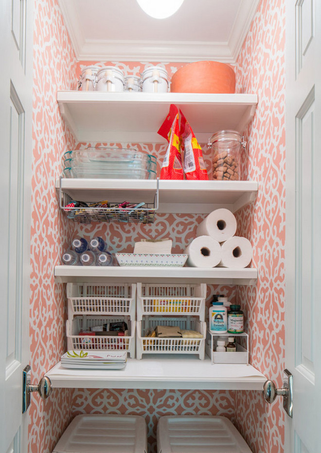 Small Kitchen Pantry. Small Kitchen Pantry Ideas. Small Kitchen Pantry with Shelving and Wallpaper. #SmallKitchenPantry #KitchenPantry Taste Design Inc.