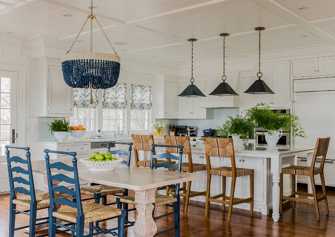 White Kitchen with Blue accents. White kitchen with navy blue accents. White kitchen with blue decor. #WhiteKitchen #blue #accents