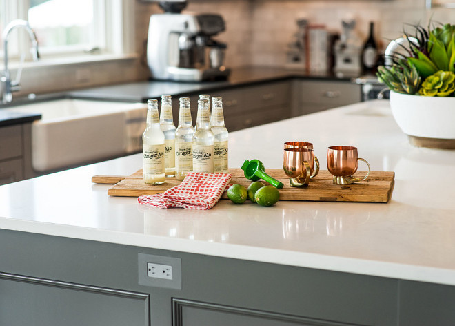 White quartz island countertop. Kitchen island white quartz is Aspen CQ 3CM quartz. #Kitchenisland #white #quartz.