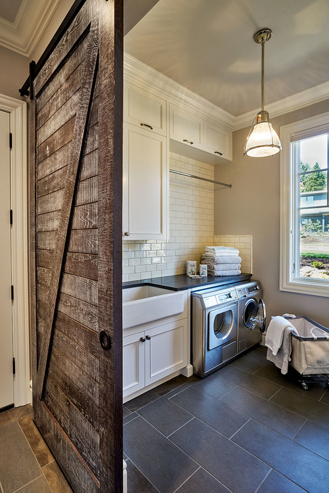 Laundry Room Barn Door. Laundry Room Rustic Barn Door. Laundry room with rustic wood barn door. Barn door hardware is from Knownlab in black stainless. #LaundryRoom #BarnDoor #RusticBarnDoor #BarndoorHardware