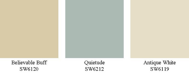 Sherwin Williams Believable Buff SW6120. Sherwin Williams Quietude SW6212. Sherwin Williams Antique White SW6119. Bungalow Homestagers. 