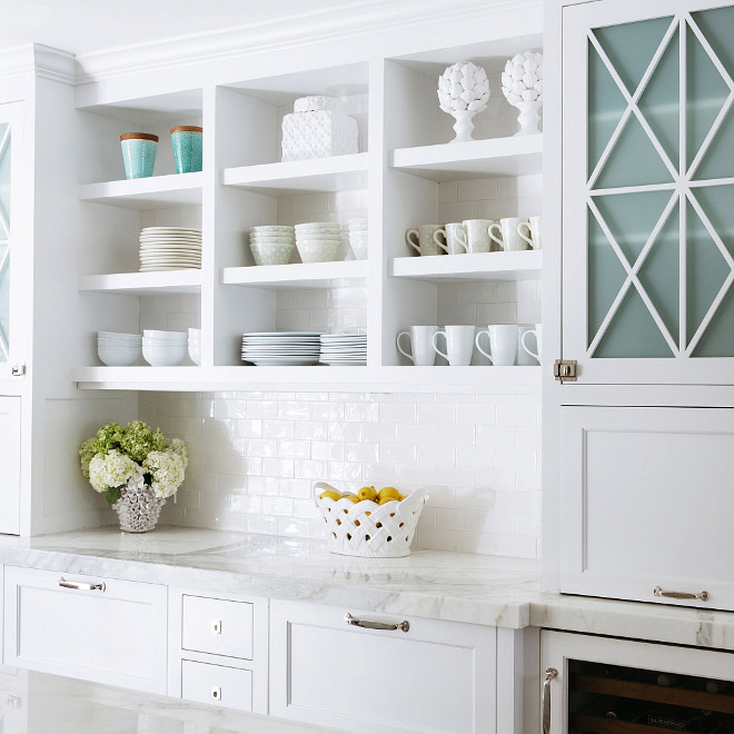 Kitchen cabinet ideas, Kitchen cabinet combination ideas, Kitchen cabinet combines cabinet doors with open shelves and thick marble countertop #Kitchencabinet #Kitchencabinetideas #kitchencabinetdoor #kitchenopenshelves #thickmarble #thickmarblecountertop Waterleaf Interiors 