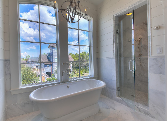 Bathroom with marble wall tiles and shiplap wainscoting. Bathroom with marble wall tiles and shiplap wainscoting ideas. #Bathroom #marblewalltiles #Bathroomshiplap #Bathroomwainscoting 30avibe Photography.