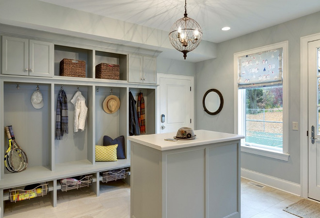 Mudroom island, Mudroom island cabinets, lockers, bench and island An island adds extra storage space to this mudroom #Mudroom #MudroomIsland #Mudroomisland #Mudroomstorage #Mudroomlockers #Mudroombench #Mudroomcabinet 