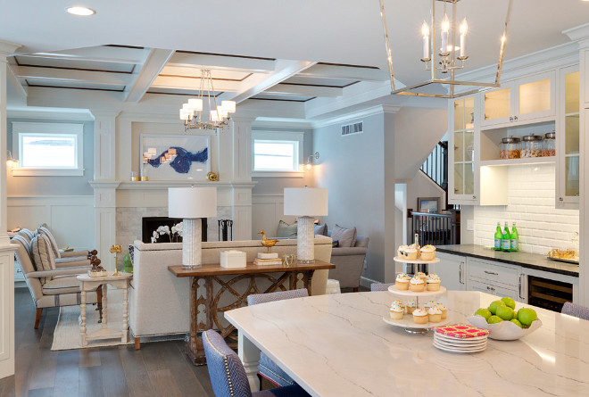 Marble-looking-countertop. Kitchen with marble-looking countertop. This kitchen features an island with white marble-looking countertop called Ella from Cambria. #EllaCambria #Cambria #CambriaMarble #MarblelookingCountertop Grace Hill Design