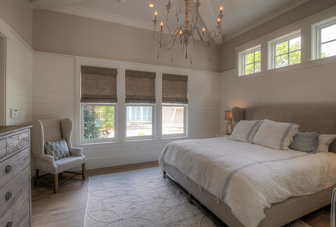 Neutral Bedroom paint color. Neutral Bedroom paint colors. Color combination for neutral bedrooms. The walls are painted Benjamin Moore Elmira White HC-84 and the Shiplap is Benjamin Moore White Dove OC-17. #NeutralBedroompaintcolor #NeutralBedroom #paintcolor.