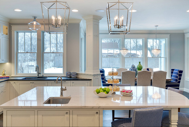 Kitchen Lighting. Kitchen lighting above island and above sink ideas. Kitchen island lighting is Darlana Lanterns from Circa Lighting. Kitchen lighting above sink is from Rejuvenation. #KitchenLighting #KitchenlightingIdeas #kitchenislandlighting #kitchensinklighting #kitchen #lighting Grace Hill Design