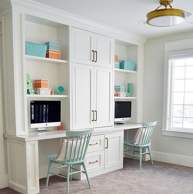 Loft Area Built in Desk. Loft Area Built in Desk Ideas. Loft area features a built in desk for two. Cabinet paint color is Benjamin Moore Simply White. #Loftarea #desk #Builtindesk #Benjaminmooresimplywhite Sita Montgomery Design