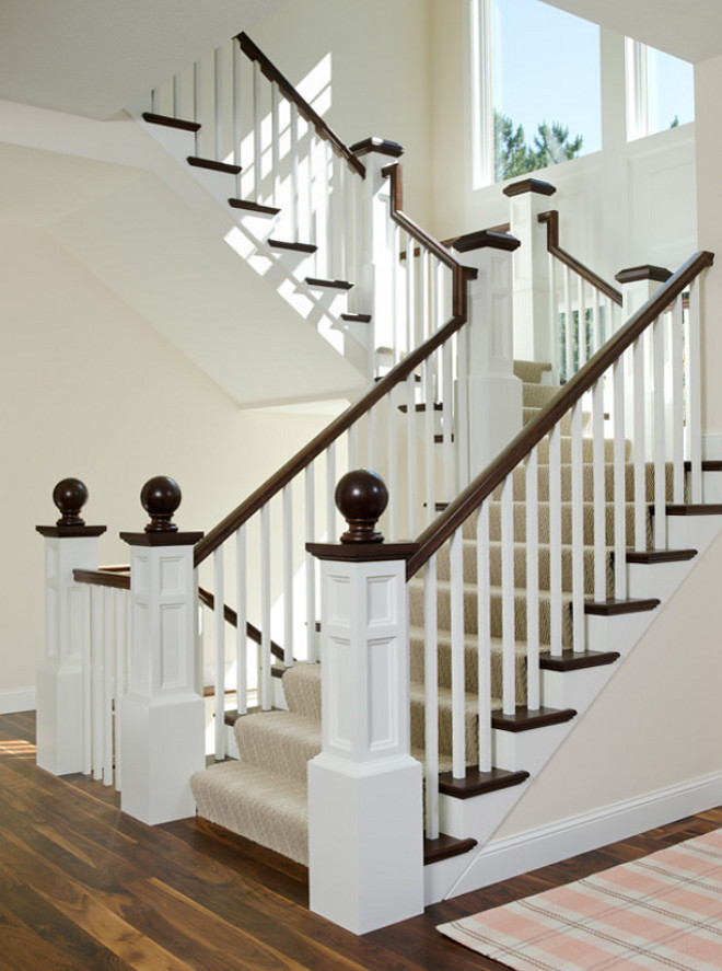 Ball finial, Staircase Custom Millwork, Staircase details, Staircase Herringbone stair runner, Staircase white trim 