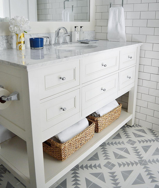 Bathroom with a combination of cement tiles and subway tiles. Sita Montgomery Interiors