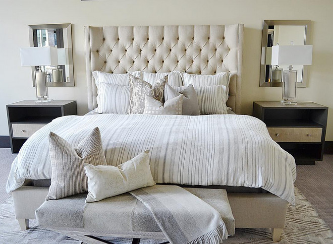 Bedroom with neutral bedding. Bedroom with tufted linen bed with neutral bedding and neutral paint color. #Neutralbedroom #neutralbedding #Neutralbedroompaintcolor Sita Montgomery Interiors