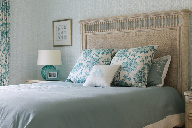 Blue and white bedroom bedding and decor Calming coastal bedroom with light blue and white bedding and turquoise accents The turquoise lamps are Caprice Aqua Lamp from Arteriors Home - $240 each #bedroom #blueandwhite #bedding #turquouise #lightblue #coastal