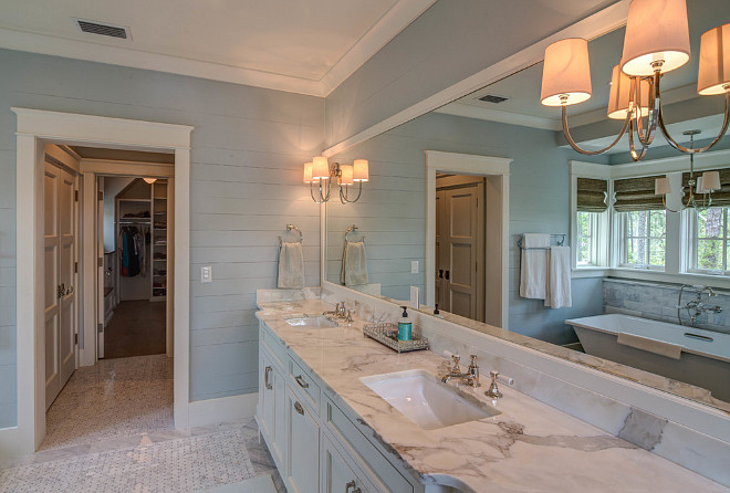 Blue bathroom shiplap walls. Blue bathroom with white vanity painted in BM White Dove and shiplap walls painted in Farrow and Ball Skylight 205. #FarrowandBallSkylight205 30A Interiors